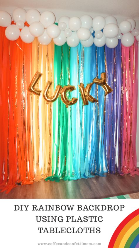 St Patricks Day Rainbow Decorations, Rainbow Party Decorations For Adults, St Patricks Day Hallway Decorations, St Patricks Day Backdrop Diy, Rainbow Tablecloth Backdrop, Rainbow Backdrop Diy Birthday, Rainbow Event Decor, Pride Decorations Party, St Patrick’s Day Photo Backdrop