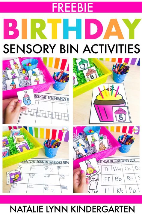 Sensory bins are an amazing way to combine learning and play in preschool, Pre-k, or kindergarten. These free birthday themed sensory bin activities would be fun any time of the year! These free birthday themed sensory bin activities would be perfect to add in during a week when you don’t have an obvious theme (if you do thematic learning). But really, they would be fun anytime!You could even use these activities as birthday themed math and literacy centers or morning tubs. Birthday Prek Activities, Birthday Preschool Theme, Birthday Theme Preschool Activities, Birthday Activities Preschool, Preschool Birthday Activities, Birthday Dramatic Play, Birthday Sensory Bin, Director Board, Sensory Bin Activities