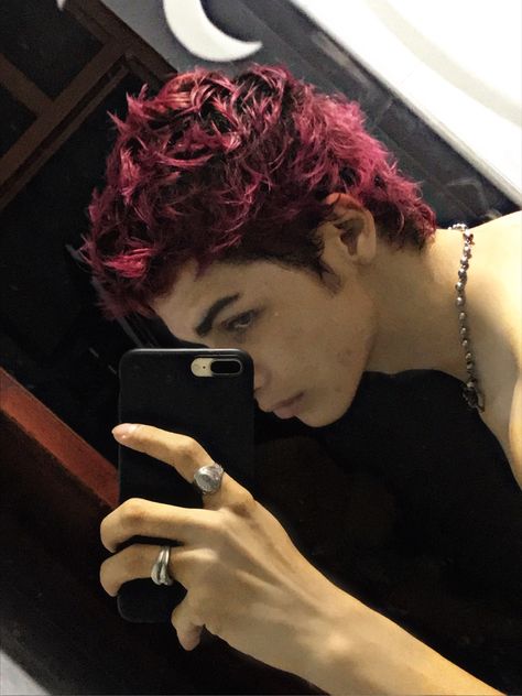 Dark Red Dyed Hair Men, Red Hair On Guys, Pink Frosted Tips Hair Men, Men Punk Hair, Short Alt Hairstyles Men, Short Punk Haircuts Men, Red Highlights On Black Hair Men, Curly Punk Hair Men, Short Spikey Hair Men