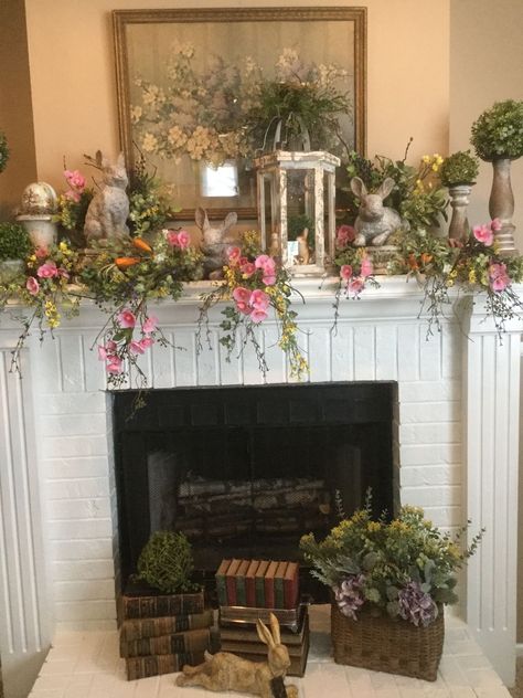 Revitalizing Your Space: Fresh Mantel Decor Ideas for Spring - placeideal.com Spring Mantels Decorated, Fireplace Spring Decor, Easter Mantel Decor, Easter Decorations Mantle, Easter Mantle Ideas, Easter Garland For Mantel, Spring Mantle Decorating Ideas, Easter Mantel Decorating Ideas, Spring Fireplace Mantle Decor