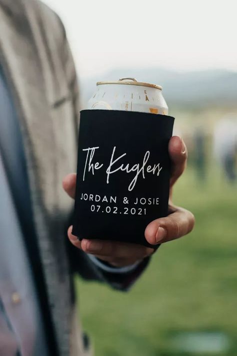 Wedding Party Koozie Ideas, Western Koozies Wedding Favors, Wedding Favor Koozie Ideas, Wedding Favors For Guests Koozies, Custom Wedding Koozie Ideas, Wedding Koozie Ideas Country, Wedding Day Koozies, Can Koozie Wedding Favors, Beach Wedding Koozie Ideas