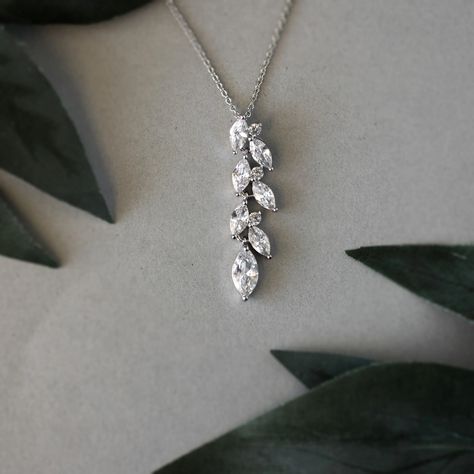 CZ Wedding Pendant with a Marquise Vine Design Silver Marquise Bridal Necklace For Formal Occasions, Silver Marquise Necklace With Diamond Accents, Silver Diamond Marquise Necklace, Formal Silver Marquise Bridal Necklace, Luxury Silver Marquise Necklace, Marquise Pendant, Crystal Wedding Necklace, Wedding Necklace Set, Diamond Necklace Designs