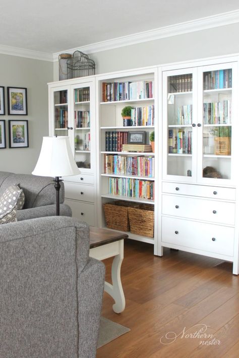 The Uncluttered Homeschool - Northern Nester Homeschool Room Shelves, Hidden Homeschool Storage, Homeschool Storage Dining Room, Hemnes Dining Room, Dining Room School Room, Hemnes Office Ideas, Homeschool Room Dining Room, Homeschool Room Bookshelves, Homeschool Dining Room Ideas