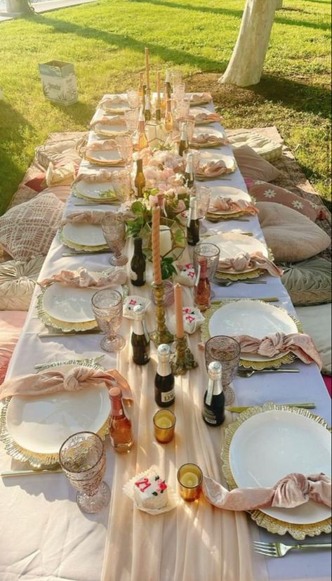 Garden Breakfast Table, Long Table Picnic, Aesthetic Picnic Table Setup, Outside Birthday Picnic, Outdoor Lunch Party Decor, Glam Picnic Table Settings, Bachelorette Brunch Picnic, Fancy Outdoor Picnic, Picnic Table Set Up Ideas