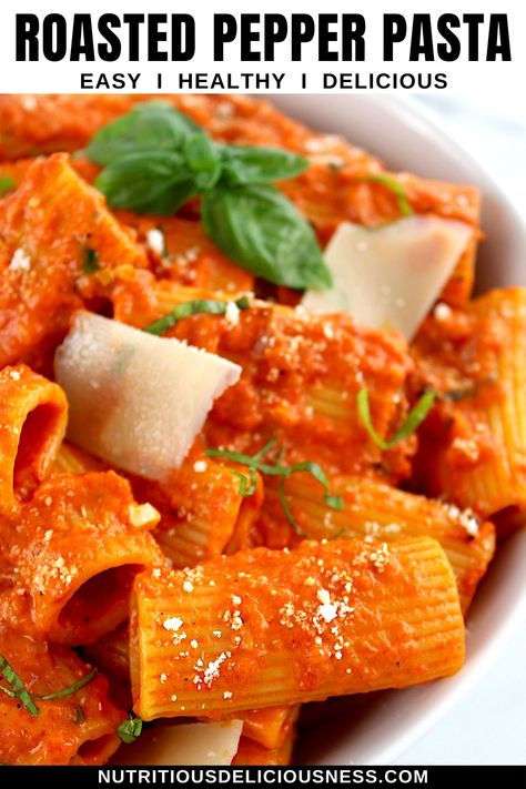 This rich and flavorful Red Pepper Pasta features a homemade creamy, roasted red pepper sauce that perfectly coats tender rigatoni. Topped with fresh basil and parmesan cheese, this is one vibrant and easy dish with a delicious gourmet touch. Roasted Peppers Pasta, Red Pasta Sauce Recipes, Red Pepper Sauce Pasta, Roasted Red Pepper Rigatoni, Red Sauce Pasta Recipes, Red Bell Pepper Pasta, Creamy Red Pepper Sauce, Roasted Pepper Pasta, Roasted Red Pepper Pasta Sauce