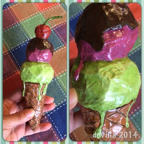 Paper Mache Ice Cream Cone, Paper Mache Ice Cream, Grade 1 Art, Paper Mache Projects, High School Art, School Art, Elementary Art, Ice Cream Cone, Arts And Crafts For Kids