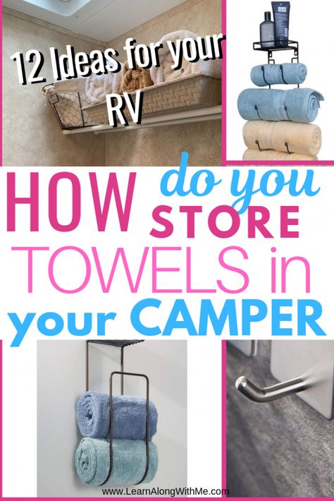 This article lists 12 ideas to help you solve the question of how to store towels in your RV.. The RV bathroom is a small space and you need to have some creative RV storage ideas to figure out where to put everything. If you want some inspiration on how to store you towels in your camper, then check this out. Hopefully you'll find something useful. #RV #RVorganization #rvstorageideas #rvorganizers Motorhome Hacks, Motorhome Storage, Towel Storage Ideas, Camper Storage Ideas Travel Trailers, Rv Storage Organization, Rv Living Organization, Travel Trailer Organization, Organization Travel, Store Towels