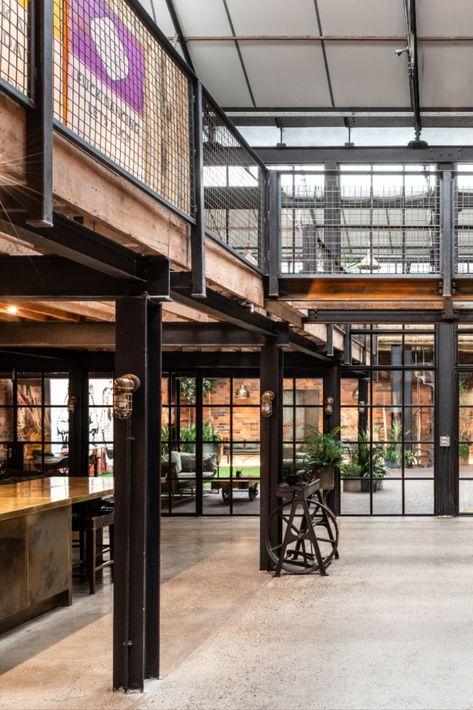 Warehouse Renovation Architecture, Adaptive Reuse Office, Warehouse Conversion Office, Factory Conversion, Cool Warehouse, Adaptive Reuse Factory, Renovated Warehouse, Warehouse Architecture Industrial, Renovated Factory