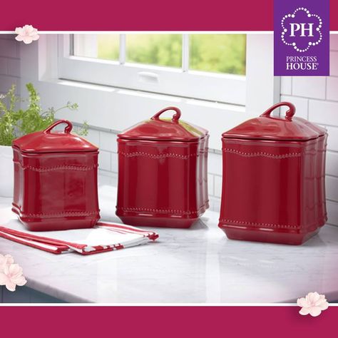 These red canisters make us smile❤️. Not only are they stunning, but they are also perfect for kitchen organization. Red Kitchen Canisters, Princess House Cookware, Cabin Kitchen Decor, Princes House, All Princess, Ceramic Canister Set, Princess House Crystal, Ceramic Canister, Kitchen Food Storage