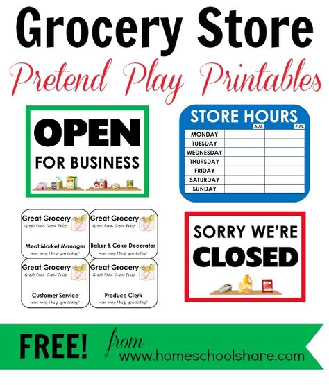 FREE Grocery Store Pretend Play Printables from Homeschool Share Grocery Store Pretend Play, Grocery Store Dramatic Play, Pretend Play Grocery Store, Pretend Play Printables, Play Grocery Store, Play Printables, Dramatic Play Printables, Dramatic Play Preschool, Dramatic Play Area