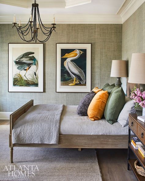 Audubon prints—a nod to the client’s time at the Audubon House White Slipcovered Chair, Atlanta Homes And Lifestyles, Audubon Prints, Paint Cabinets White, Paint Your House, Canvas For Beginners, Atlanta Homes, Bed Room, Of Wallpaper