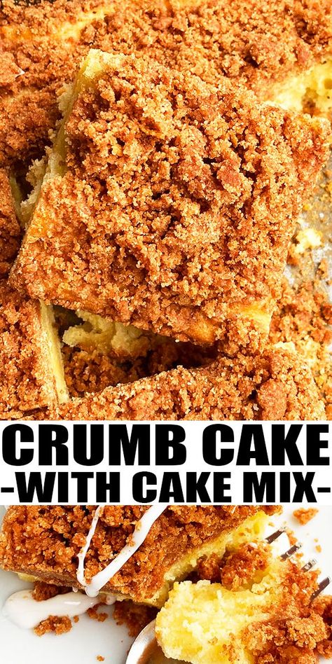 CRUMB CAKE RECIPE- Classic, old fashioned, easy crumb cake with cake mix, homemade with simple ingredients. Yellow vanilla cake is topped off with cinnamon streusel crumble topping. From CakeWhiz.com Yellow Cake Mix Crumb Cake, Cinnamon Crumb Cake Recipe, Cake Mix Crumb Cake, Easy Coffee Cake Recipes With Box Cake, Crumb Cake With Box Cake, Yellow Cake Mix Coffee Cake Recipe, Spiced Cake Mix Recipes, Cake Mix Crumble Topping, Coffee Cake With Cake Mix Boxes