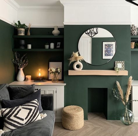 Green Media Wall, Cottages House, Dark Green Living Room, Media Walls, Oak Mantel, Green Living Room Decor, Gold House, Green Living Room, Green Lounge