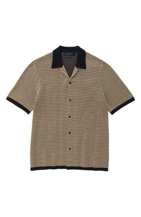 Knit-in stripes and honeycomb-inspired stitches amplify the retro vibes of this wrinkle-resistant camp shirt that's made for a relaxed fit. 25 1/2" length; 43" chest (size Medium) Front button closure Notched collar Elbow-length sleeves 74% cotton, 26% nylon Machine wash, dry flat Imported Knit Shirt Pattern, Men Jeans Loose, Men Styling, Summer Knitwear, Mens Dress Outfits, Men Polo Shirt, Knitted Shirt, Collared Shirts, Trendy Sweaters