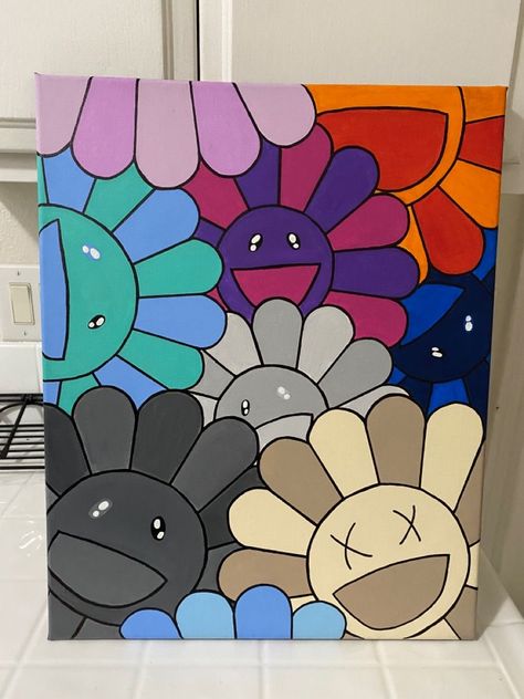 Painting For Guys Room Canvases, Murakami Flower Drawing, Trippy Paintings Simple, Easy Painting Ideas On Canvas For Bf, Paintings For Guys Room, 3 Canvas Painting Ideas Room Decor, Cool Easy Paintings On Canvas Trippy, Easy Painting Ideas On Canvas Aesthetic Simple, Cartoon Flower Painting