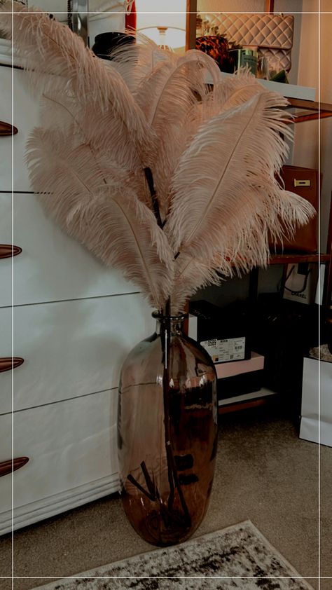 Tall Vases With Feathers, Feathers In Vase Decor, Decorative Feathers In Vase, Tan Feathers In Vase, Vase With Feathers Decor, Feathers In Glass Vase, Feather Vase Decor Living Room, Pampas Vase Decor, Feathers In Vase Living Rooms