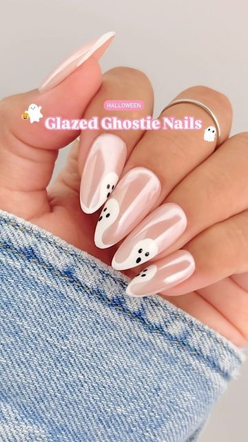 Jeanette Flores on Instagram: "Very classy, very demure Halloween nails ✨🩷✨  glazed ghostie nails for all my classy girlies!! 💅🏽   Had to give @nailartbysig’s viral ghost nails a cutesy glazed look!   Save & Share for Halloween nail inspo, Follow for more!🫶🏼  Using @dndgel (code: JEN25) •878 Picnic for 2  •Top Gel 600 •White Pearl Chrome Powder 01 •Perfect White Diva 156 •Classic Black •Dotting Nail Art Tool Set  #demure #halloween #glazednails #chromenails #pinkchromenails #lilacnails #glazeddonutnails #demurenails #classynails #cleangirl #coquette #uñas #uñasdehalloween #nailinspo #nails #whitechromenails #nailart #halloweennails2024 #nailtrends #nailvideos #pinknails #ghostnails #dndgelpolish #dndgel" Neutral Simple Nails, Ghost Tips Nails, Ghost Nails Almond Shape, Cutesy Nail Designs, Neutral Witchy Nails, Nail Art Pearls, Ghost Tip Nails, Acrylic Ghost Nails, Ghost Chrome Nails