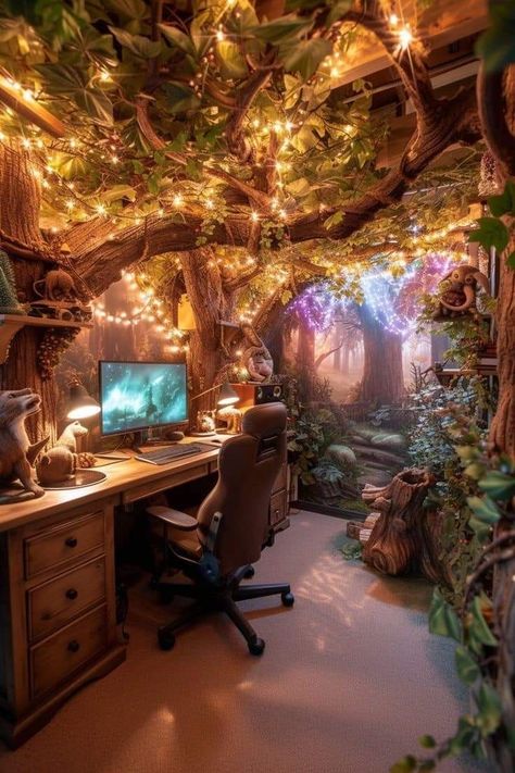 Fairy Theme Living Room, Cozy Woodland Creatures, Enchanted Forest Furniture, Enchanted House Decor, Enchanted Forest Interior Design, Forest Room Ideas Bedroom, Enchanted Forest Theme Living Room, Fantasy Forest Decor, Enchanted Forest Kitchen