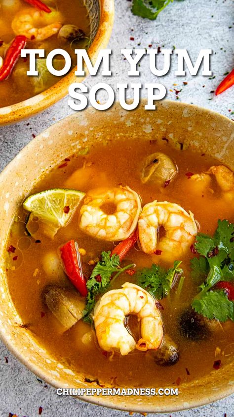 Overhead on a big bowl of the best ever tom yum soup. Tum Yum Soup, Yam Soup Recipe, Thai Hot And Sour Soup, Tom Yum Soup Recipe, Shrimp Soup Recipes, Soup With Shrimp, Asian Soup Recipes, Tom Yum Soup, Shrimp Soup