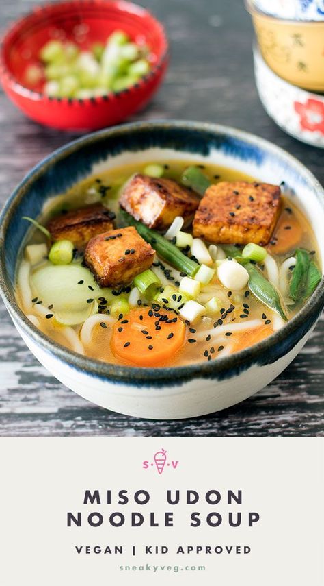 A deliciously fragrant recipe for miso udon noodle soup. Suitable for vegans. A great recipe to encourage noodle-loving kids to try something new. #miso #udonnoodles #noodlesoup #vegan #vegansoup #vegannoodles Udon Soup Recipe, Vegan Udon Noodles, Vegan Udon, Miso Udon, Vegan Noodle Soup, Udon Noodles Recipe, Udon Soup, Udon Noodle Soup, Miso Recipe