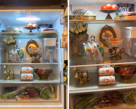 What Is Fridgescaping, AKA Fridge Decorating? Fridge Scaping Aesthetic, Fridge Scape, Fridgescaping Aesthetic, Fridge Scaping, Ice Cream Fridge, Refrigerator Decoration, Wilted Spinach, Fridge Decor, Fridge Storage