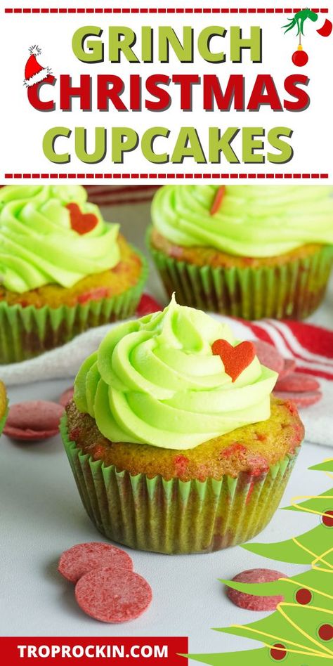 Grinch Cupcakes are perfect for a delish Grinch Theme Food for your Grinch Christmas Party. The cupcakes have red candy melts baked in, so bits of white chocolate flavor fill these soft cupcakes! These Grinch Cupcakes will be a hit! Grinch Theme Food, Cherry Chip Cupcakes, Grinch Cupcakes, Grinch Christmas Party, Cupcakes With Cream Cheese Frosting, Christmas Party Food, Christmas Cupcakes, Christmas Snacks, Red Candy