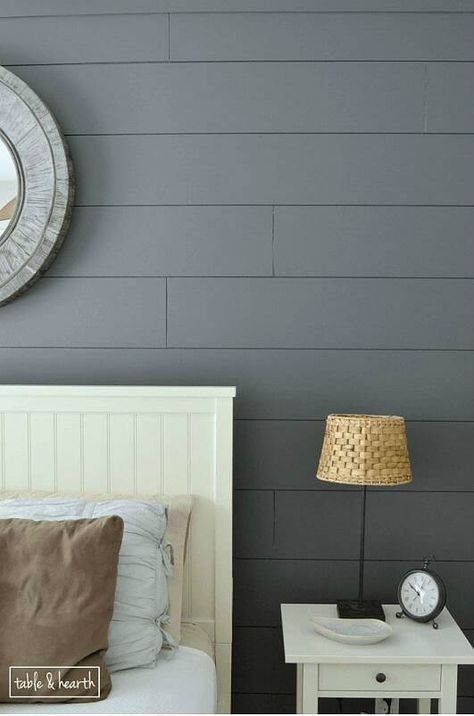 Easy DIY shiplap in Sherwin-Williams “Peppercorn” (SW7674)                                                                                                                                                      More Wainscoting Ideas, Black Stairs, Shiplap Wall Diy, Shiplap Wall, Diy Shiplap, Diy Wand, Plank Walls, Wallpaper Accent Wall, Wall Table