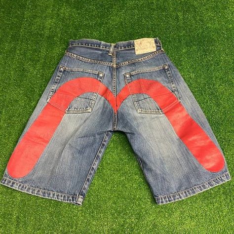 Authentic Vintage 2001 jeans EVISU Blue Denim Button Fly Shorts Size 32 x 10 Evisu Shorts Outfit, Evisu Pants, Evisu Jeans, Denim Pants Fashion, Streetwear Shorts, Tiktok Fashion, African Men Fashion, Cool Fits, Blue Denim Shorts