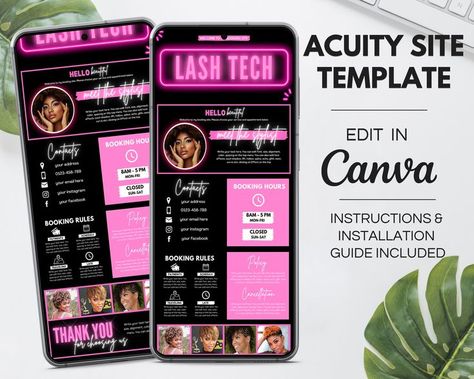 Lash Tech Acuity Site Template, Professional Scheduling Site Canva Template, DIY Lash Artist Booking Site, Lash Website Template. This Editable Booking Scheduling Website Template is perfect for your business. It is easy to edit. You can add your images, text, edit font, colors, and fully customize it according to your needs, brand and business. The template is divided into fully editable banners, you can decide which ones to use and which not. The banners can also be duplicated, so you can add Lash Instagram Pages, Lash Booking Template, Lash Business Website Ideas, Business Page Layout Design Instagram, Lash Tech Booking Site, Acuity Scheduling Design Lash Tech, Acuity Scheduling Design Lash, Lash Tech Templates, Lash Website Design