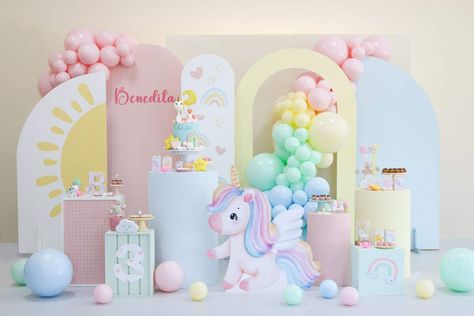 Unicorn / Birthday "Unicorn 3rd Birthday Party" | Catch My Party Unicorn 3rd Birthday Party, Vintage Tea Party Birthday, Unicorn Birthday Party Ideas, Hotwheels Birthday Party, Pig Birthday Party, Unicorn Themed Birthday Party, Peppa Pig Birthday Party, Party Backdrops, 3rd Birthday Party