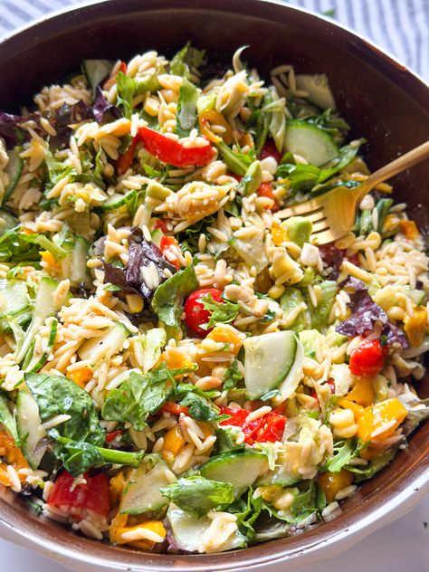 Summer Orzo Salad Breakfast Apps, Summer Orzo Salad, Dream Salad, Summer Orzo, Gluten Free Orzo, Corn Avocado, Corn Avocado Salad, Mini Sweet Peppers, Layered Salad