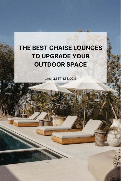 There’s nothing quite like stretching out and relaxing on a chaise lounge. That’s why I put together a list of the best outdoor chaise lounges you can buy from top retailers like Pottery Barn, West Elm, and more. Check out my poolside picks! Backyard Pool Furniture, Pool Chaise Lounge, Poolside Furniture, Pool Chaise, Teak Chaise Lounge, Double Chaise Lounge, Pool Lounge Chairs, Outdoor Chaise Lounge Chair, Pool Lounge