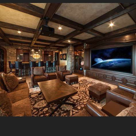 Luxury Man Cave, Black Basement, Man Cave Basement Ideas, Modern Man Cave, Rustic Man Cave, Cave Room, Man Cave Design, Theater Rooms, Basement Living