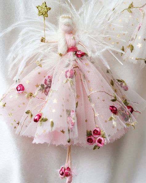 Handmade fairy decorations, to sit atop the tree or hang from the branches or to hang all year round in your home. Fairy Decorations, Beaded Tiara, Fairy Bride, Christmas Fairies, Rose Tree, Fairy Art Dolls, Yarn Dolls, Felt Fairy, Fairy Crafts