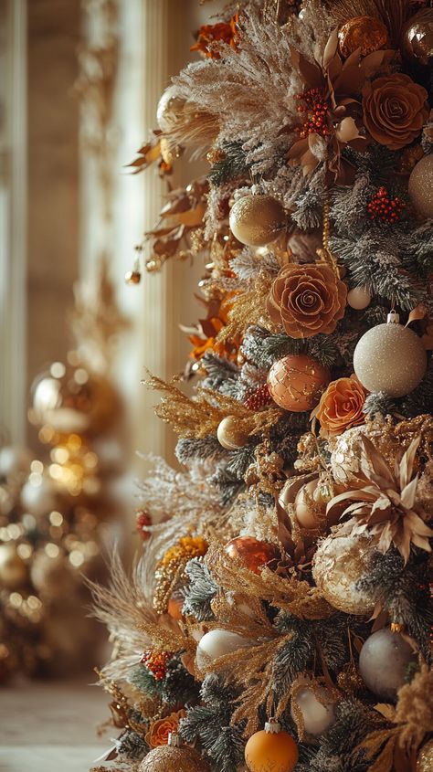 Close-up of a decorated Christmas tree with dried orange slices, flowers, and gold accents in a luxurious ballroom setting. Brown And Gold Christmas Tree, White Christmas Party, Elegant Christmas Tree Decorations, Christmas Planters, Elegant Christmas Trees, Dried Oranges, Dried Orange Slices, Soft Pastel Colors, Xmas Trees