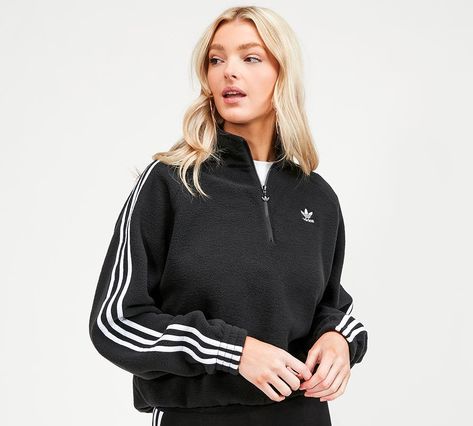 adidas Originals Womens Half Zip Fleece | Black | Footasylum Womens Oversized Sweatshirts, Black Quarter Zip, Fleece Quarter Zip, Adidas Originals Women, Women's Sweatshirts, Half Zip Sweatshirt, Quarter Zip Sweatshirt, Striped Sleeve, Womens Fleece