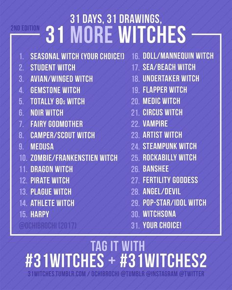 ✨Thank you for everyone’s warm response from last year’s 31witches, and everyone who has been asking for another list for 2017! I’m so happy to know that I can help people like this!!! I hope you enjoy the list!    Feel free to repost!!!! Please tag your posts with #31witches or #31witches2 !!  .  .  .  #31witches   #31witches2  #inktober  #inktober2017 Fanart Prompts, Challenges Illustration, Draw Prompts, Inktober List, Monthly Prompts, Sketchbook Prompts, 30 Day Art Challenge, Drawing Challenges, 30 Day Drawing Challenge