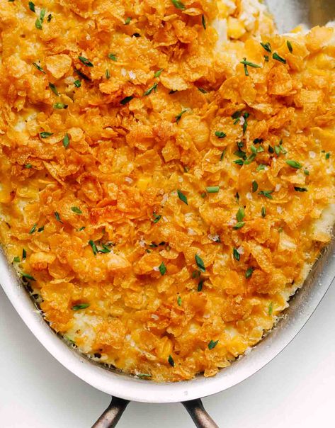 Easy Crunchy Creamy Baked Corn • Heartbeet Kitchen Recipes For Dinner Party, Easy Corn Casserole Recipe, Baked Corn Casserole, Corn Thanksgiving, Vegetarian Casserole Recipes, Sourdough Dinner Rolls, Winter Appetizers, Easy Corn Casserole, Holiday Meal Planning