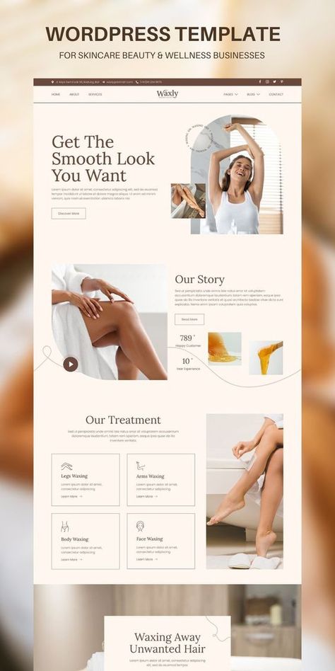 Waxly is a modern and clean Elementor Template Kit that is perfect for those who want to create a professional-looking WordPress-based website for a Waxing & Threading Salon, Spa, Wellness, and any other beauty care business. Esthetician Website, Wordpress Website Template, Advertising Campaign Design, Feminine Website Design, Logo Online Shop, Waxing Salon, Business Web Design, Banner Design Inspiration, Spa Wellness