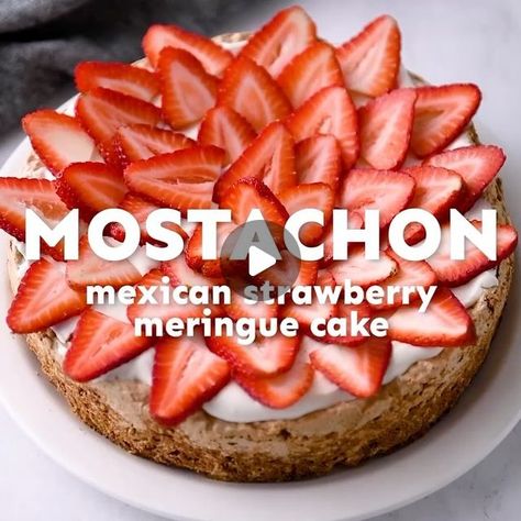 Isabel Orozco-Moore on Instagram: "Say hello to this mouthwatering Mostachon de Fresas, aka a Mexican Strawberry Meringue Cake made with fresh @castrawberries! 🍓 🍰 This light and chewy cake is a specialty in the Mexican city of Monterrey and I just can’t get enough! The base of the cake is made by gently folding meringue with ground Maria cookies (or animal crackers), walnuts, and pecans. It’s then topped with an addicting cream cheese frosting and garnished with freshly sliced strawberries for the best spring dessert! Grab the cake recipe on the California Strawberries website (linked in my profile) and enjoy! #ad ⠀⠀⠀⠀⠀⠀⠀⠀⠀" Mostachon Cake Recipe, Mostachon Recipe, Strawberry Meringue Cake, Chewy Cake, Maria Cookies, Mexican City, Strawberry Meringue, Easy Mexican Recipes, Mexican Desserts