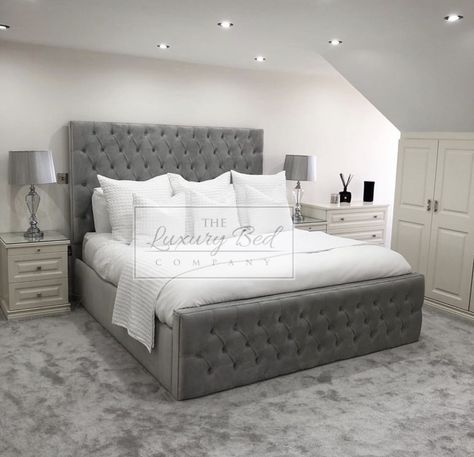 Bedroom Design Ideas Simple, Bedroom Decor Grey Pink, Simple Bedroom Design Ideas, Grey Velvet Bed, Simple Bedroom Design, Luxury Room Bedroom, Guest Bedroom Decor, Ottoman Storage, Luxury Bed