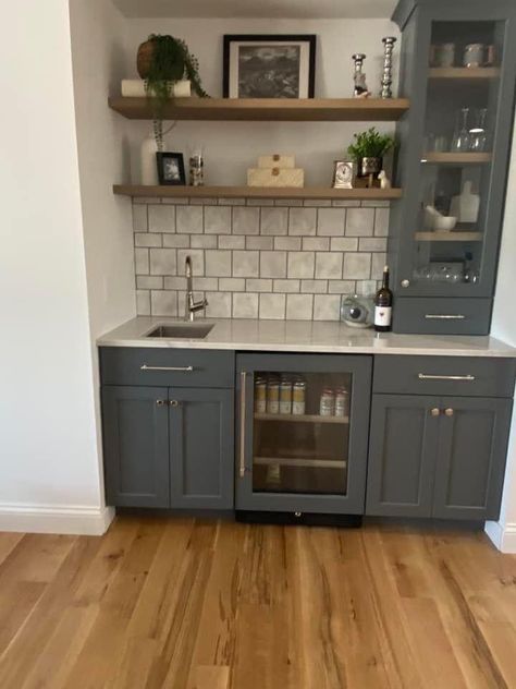 Built In Kitchen Bar Ideas, Wet Bar With Cabinets And Shelves, Kitchenette Coffee Bar, Basement Kitchen Open Shelving, Small Wet Bar Ideas Basement, Office Wet Bar Ideas, Basement Kitchen Cabinets, Small Bar For Basement, Bar Alcove Ideas