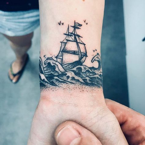 Small Pirate Ship Tattoo, Tattoo Ghost, Small Beach Tattoos, British Tattoo, Beach Tattoos, 42 Tattoo, Balance Tattoo, Ocean Tattoo, Sailor Tattoos