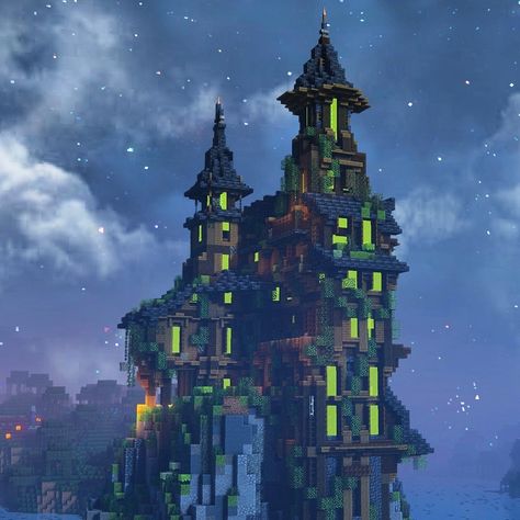 Witch Town Minecraft, Goth Mansion Minecraft, End Themed Builds Minecraft, Magical Minecraft Builds Portal, Minecraft Dark House Ideas, Witch Home Minecraft, Minecraft Witch Garden, Mc Fantasy Builds, Minecraft Spooky Castle