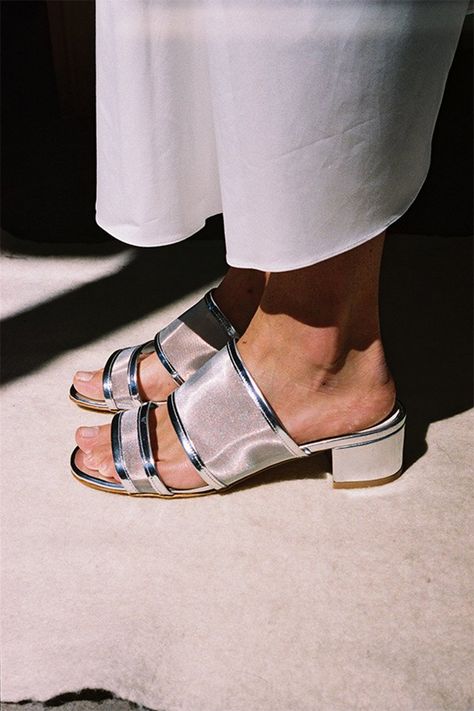 silver slides // maryam nassir zadeh Silver Block Heel Sandals, Silver Block Heels, Block Heel Mule, Square Toe Shoes, Mesh Heels, Maryam Nassir Zadeh, Silver Heels, Stylish Shoes, Block Heels Sandal