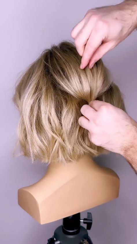 Instagram Wedding Hair Looks For Short Hair, French Roll For Short Hair, How To Half Up Hairstyles, Updo Tutorial For Short Hair, Half Up Chin Length Hair, Formal Style For Bob Hair, Easy Wedding Hairstyles Do It Yourself Half Up Short Hair, Bob Hair Upstyles, Short Hair Updo With Clip