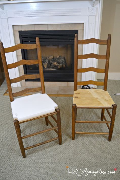 cut-chair-seat-foam-seat-h2obungalow Painted Ladder Back Chairs, Recover Dining Chairs, Redo Dining Chairs, 1970 House, Vintage Chairs Makeover, Wood Chair Makeover, Refinished Chairs, Chair Restoration, Ladderback Chairs