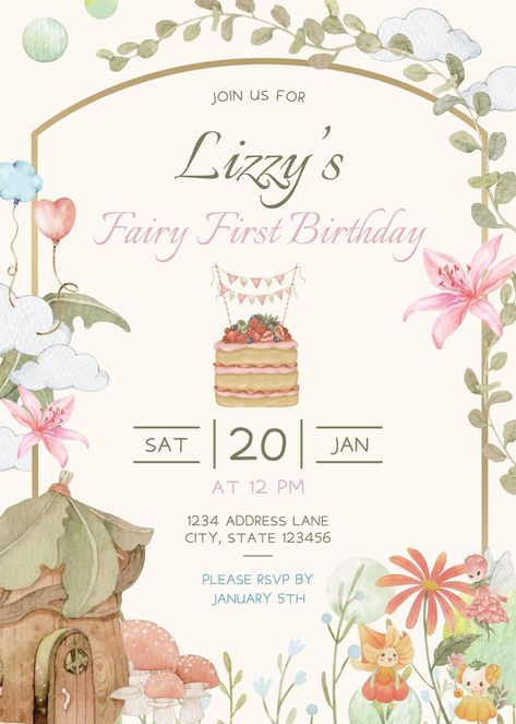 Fairy First Birthday Invitation, Birthday Party Invitation, Editable Invitation template, Birthday Party Invite, Fairy Theme Birthday Cute Invitation Ideas Birthday, 1 St Birthday Invitation Card, Cute 1st Birthday Themes Girl, 1st Birthday Invitation Card Ideas, 1st Birthday Card Invitation, First Birthday Girl Invitations, First Birthday Invitation Card Template, Fairy Invitation Template, Birthday Party Card Invitation