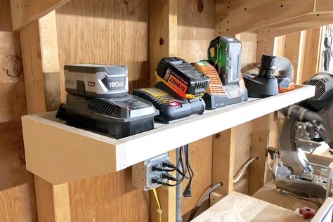 Garage Tool Charging Station, Tool Charging Station Ideas, Charging Station Ideas Garage, Garage Charger Station, Power Tool Charging Station Ideas, Garage Charging Station, Tool Charging Station, Cordless Tool Charging Station, Workbench Charging Station