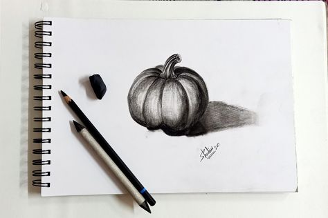 Easy Charcoal Drawings, Pumpkin Sketch, Still Life Sketch, Vegetable Drawing, Pumpkin Drawing, 3d Sketch, Organic Structure, Drawing Lesson, Happy Pumpkin